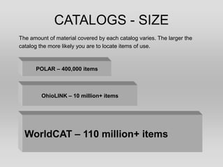 CATALOGS - SIZE
The amount of material covered by each catalog varies. The larger the
catalog the more likely you are to locate items of use.



      POLAR – 400,000 items



        OhioLINK – 10 million+ items




  WorldCAT – 110 million+ items
 