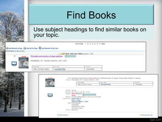 Find Books
Use subject headings to find similar books on
your topic.
 