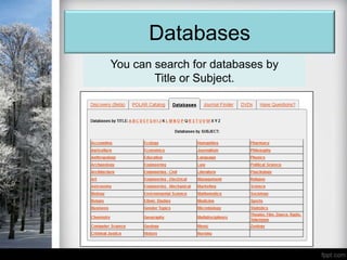 Databases
You can search for databases by
        Title or Subject.
 