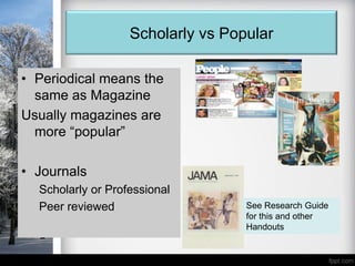 Scholarly vs Popular

• Periodical means the
  same as Magazine
Usually magazines are
  more “popular”

• Journals
  Scholarly or Professional
  Peer reviewed                    See Research Guide
                                   for this and other
                                   Handouts
 