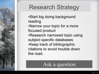 Research Strategy
•Start big doing background
reading
•Narrow your topic for a more
focused product
•Research narrowed topic using
subject specific databases
•Keep track of bibliographic
citations to avoid trouble down
the road.

        Ask a question
 