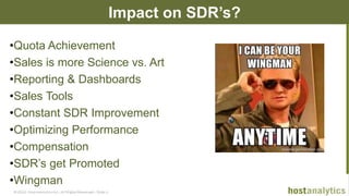 © 2013 Host Analytics Inc., All Rights Reserved -- Slide 11
Impact on SDR’s?
•Quota Achievement
•Sales is more Science vs. Art
•Reporting & Dashboards
•Sales Tools
•Constant SDR Improvement
•Optimizing Performance
•Compensation
•SDR’s get Promoted
•Wingman
 