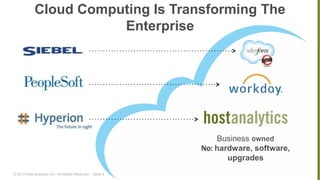 © 2013 Host Analytics Inc., All Rights Reserved -- Slide 4
Business owned
No: hardware, software,
upgrades
Cloud Computing Is Transforming The
Enterprise
 