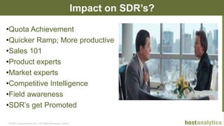 © 2013 Host Analytics Inc., All Rights Reserved -- Slide 9
Impact on SDR’s?
•Quota Achievement
•Quicker Ramp; More productive
•Sales 101
•Product experts
•Market experts
•Competitive Intelligence
•Field awareness
•SDR’s get Promoted
 