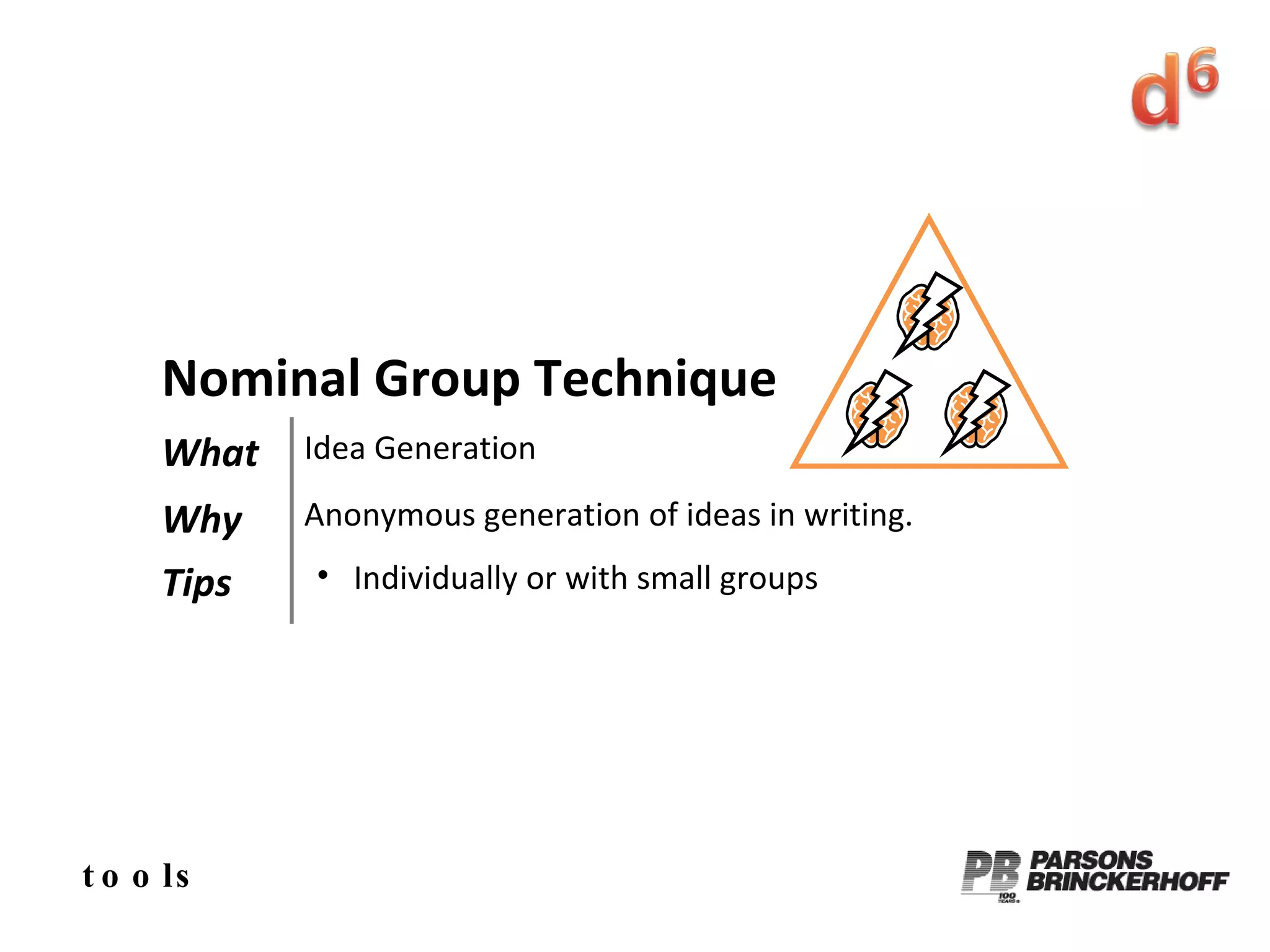 tools Nominal Group Technique What Idea Generation Why Anonymous generation of ideas in writing. Tips Individually or with small groups 