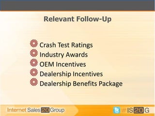 Relevant Follow-Up


Crash Test Ratings
Industry Awards
OEM Incentives
Dealership Incentives
Dealership Benefits Package
 
