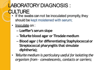 LABORATORYDIAGNOSIS :
CULTURE
• If the swabscannot be inoculated promptly,they
should be kept moistened with serum;
• Inoculate on :
– Loeffler’s serum slope
– Telluriteblood agar or Tinsdalemedium
– Blood agar ( for differentiating Staphylococcalor
Streptococcal pharyngitis that simulate
diphtheria);
• Telluritemedium is particulary useful for isolatingthe
organism from – convalescents, contacts or carriers;
 