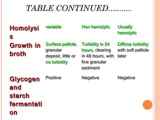 TABLE CONTINUED………..
HomolysiHomolysi
ss
variablevariable Non hemolyticNon hemolytic UsuallyUsually
hemolytichemolytic
Growth inGrowth in
brothbroth
Surface pellicleSurface pellicle,,
granulargranular
deposit, little ordeposit, little or
no turbidityno turbidity
Turbidity in 24Turbidity in 24
hourshours, clearing, clearing
in 48 hours, within 48 hours, with
fine granularfine granular
sedimentsediment
Diffuse turbidityDiffuse turbidity
with soft pelliclewith soft pellicle
laterlater
GlycogenGlycogen
andand
starchstarch
fermentatifermentati
onon
PositivePositive NegativeNegative NegativeNegative
 