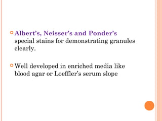  Albert’s, Neisser’s and Ponder’s
special stains for demonstrating granules
clearly.
 Well developed in enriched media like
blood agar or Loeffler’s serum slope
 