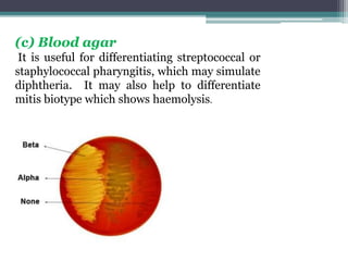 (c) Blood agar
It is useful for differentiating streptococcal or
staphylococcal pharyngitis, which may simulate
diphtheria. It may also help to differentiate
mitis biotype which shows haemolysis.
 