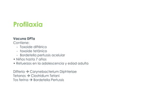 Profilaxia
Vacuna DPTa
Contiene:
- Toxoide diftérico
- toxoide tetánico
- Bordetella pertussis acelular
• Niños hasta 7 años
• Refuerzos en la adolescencia y edad adulta
Difteria à Corynebacterium Diphteriae
Tetanos à Clostridium Tetani
Tos ferina à Bordetella Pertussis
 