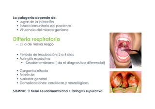 La patogenia depende de:
• Lugar de la infección
• Estado inmunitario del paciente
• Virulencia del microorganismo
Difteria respiratoria
- Es la de mayor riesgo
• Periodo de incubación: 2 a 4 días
• Faringitis exudativa
• Seudomembrana ( da el diagnostico diferencial)
• Garganta irritada
• Febrícula
• Malestar general
• Complicaciones: cardíacas y neurológicas
SIEMPRE à tiene seudomembrana + faringitis supurativa
 