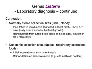 Genus Listeria
- Laboratory diagnosis – continued
Cultivation:
• Normally sterile collection sites (CSF, blood):
– Inoculation in liquid media (enriched nutrient broth), 35°C, 5-7
days (daily examination for bacterial growth)
– Reinoculation from turbid broth tubes on blood agar, incubation
for 2 more days
• Nonsterile collection sites (faeces, respiratory secretions,
foods):
– Initial inoculation on enrichment media
– Reinoculation on selective media (e.g. with antibiotic content)
 