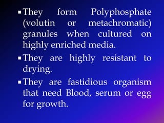 They form Polyphosphate
(volutin or metachromatic)
granules when cultured on
highly enriched media.
They are highly resistant to
drying.
They are fastidious organism
that need Blood, serum or egg
for growth.
 