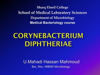 Sharq Elneil College
School of Medical Laboratory Sciences
Department of Microbiology
Medical Bacteriology course
U.Mahadi Hassan Mahmoud
Bsc, Msc, MIBMS Microbiology
 