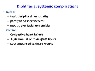 Diphtheria: Systemic complications
• Nerves
– toxic peripheral neuropathy
– paralysis of short nerves
– mouth, eye, facial extremities
• Cardiac
– Congestive heart failure
– high amount of toxin 48-72 hours
– Low amount of toxin 2-6 weeks
 