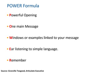 POWER Formula P owerful Opening O ne main Message W indows or examples linked to your message  E ar listening to simple language.  R emember  Source: Granville Toogood, Articulate Executive 