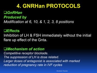 4. GNRHan PROTOCOLS
GnRHan
Produced by
Modification at 6, 10, & 1, 2, 3, 8 positions
Effects
Inhibition of LH & FSH immediately without the initial
flare up effect of the Gnta.
Mechanism of action
Competitive receptor blockade.
The suppression of LH is dose related.
Larger doses of antagonist is associated with marked
reduction of pregnancy rate in IVF cycles
Aboubakr Elnashar
 