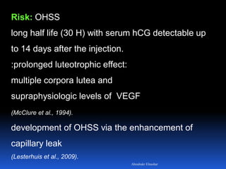 Risk: OHSS
long half life (30 H) with serum hCG detectable up
to 14 days after the injection.
:prolonged luteotrophic effect:
multiple corpora lutea and
supraphysiologic levels of VEGF
(McClure et al., 1994).
development of OHSS via the enhancement of
capillary leak
(Lesterhuis et al., 2009).
Aboubakr Elnashar
 