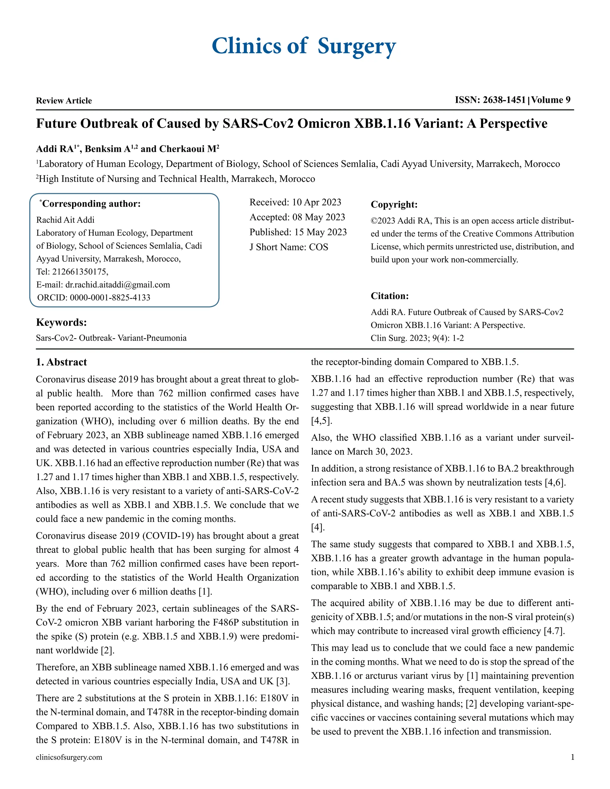 Future Outbreak of Caused by SARS-Cov2 Omicron XBB.1.16 Variant: A 