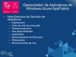 Gerenciador de Aplicativos do
Windows Azure AppFabric
• Infra-Estrutura de Servidor de
Aplicativos
– Deployment
– Ciclo de vida de execução
– Dimensionamento
– Alta disponibilidade
– Isolamento
– Gerenciamento de Recursos
– Roteamento
– Monitoramento de Uso
WorkflowWeb Services
 