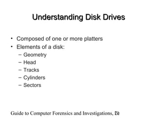 Guide to Computer Forensics and Investigations, 2e11
Understanding Disk DrivesUnderstanding Disk Drives
• Composed of one or more platters
• Elements of a disk:
– Geometry
– Head
– Tracks
– Cylinders
– Sectors
 