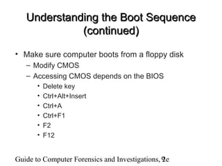 Guide to Computer Forensics and Investigations, 2e9
Understanding the Boot SequenceUnderstanding the Boot Sequence
(continued)(continued)
• Make sure computer boots from a floppy disk
– Modify CMOS
– Accessing CMOS depends on the BIOS
• Delete key
• Ctrl+Alt+Insert
• Ctrl+A
• Ctrl+F1
• F2
• F12
 