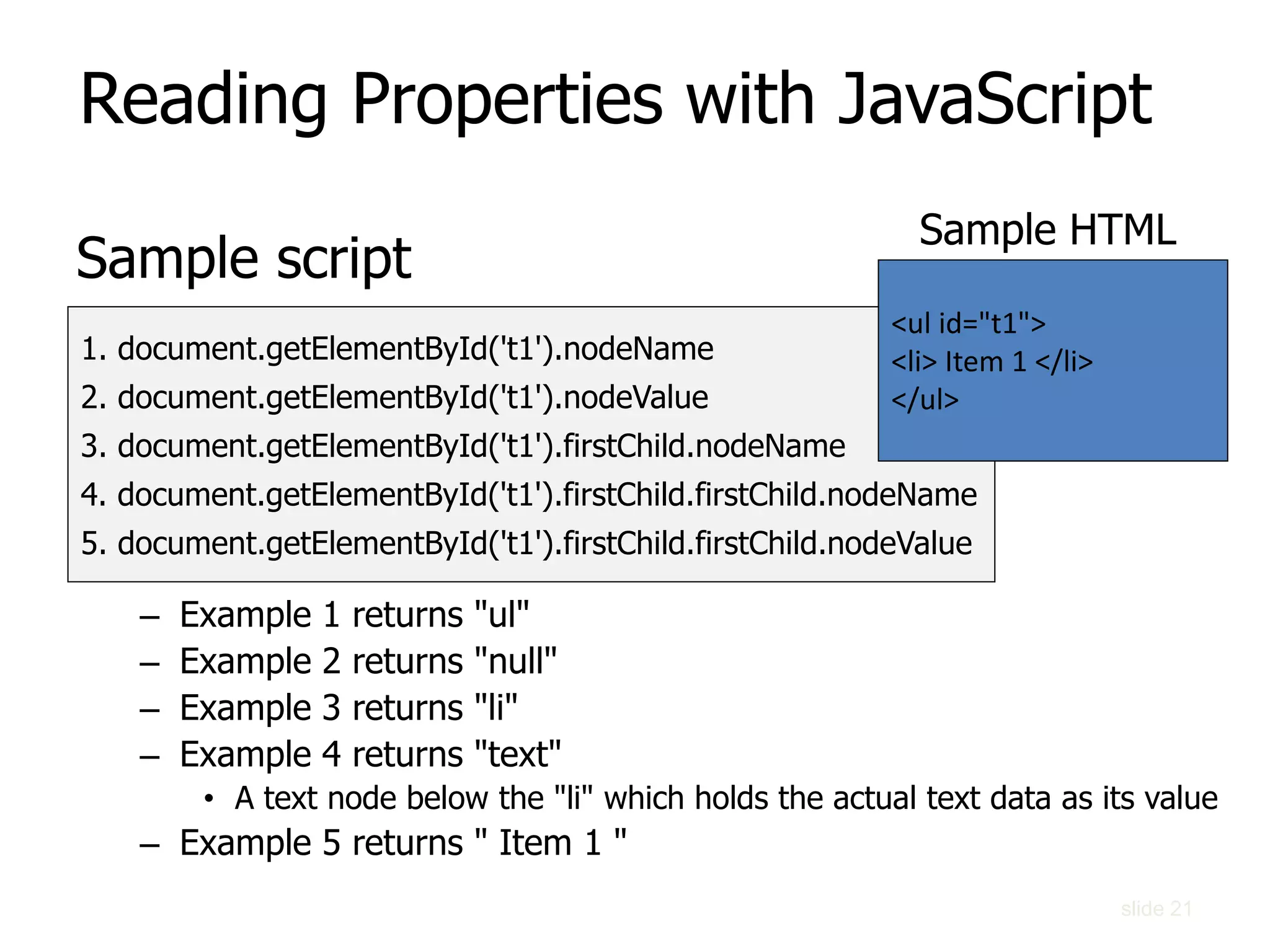 slide 21
Reading Properties with JavaScript
Sample script
– Example 1 returns "ul"
– Example 2 returns "null"
– Example 3 returns "li"
– Example 4 returns "text"
• A text node below the "li" which holds the actual text data as its value
– Example 5 returns " Item 1 "
1. document.getElementById('t1').nodeName
2. document.getElementById('t1').nodeValue
3. document.getElementById('t1').firstChild.nodeName
4. document.getElementById('t1').firstChild.firstChild.nodeName
5. document.getElementById('t1').firstChild.firstChild.nodeValue
<ul id="t1">
<li> Item 1 </li>
</ul>
Sample HTML
 