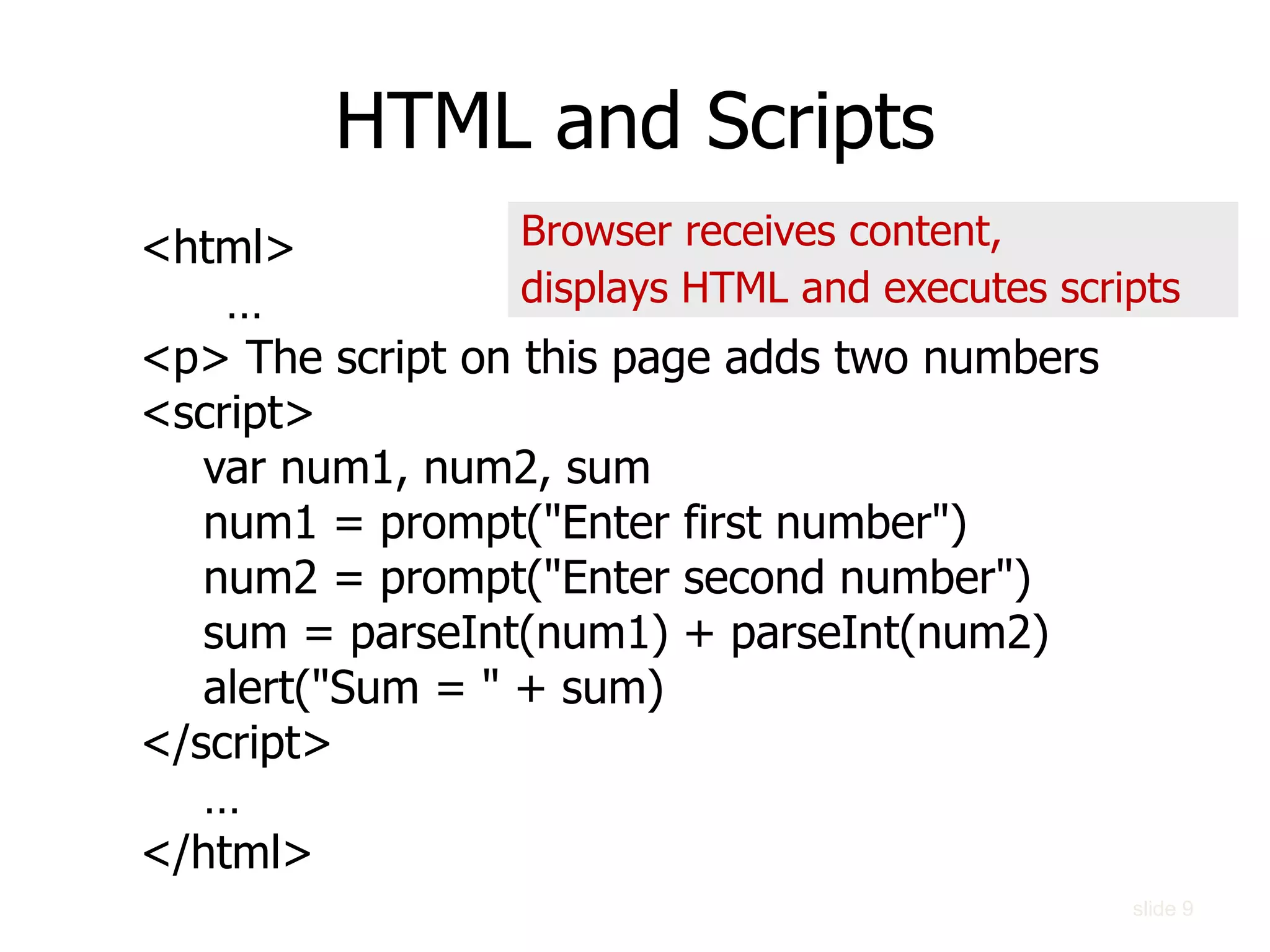 HTML and Scripts
<html>
…
<p> The script on this page adds two numbers
<script>
var num1, num2, sum
num1 = prompt("Enter first number")
num2 = prompt("Enter second number")
sum = parseInt(num1) + parseInt(num2)
alert("Sum = " + sum)
</script>
…
</html>
Browser receives content,
displays HTML and executes scripts
slide 9
 