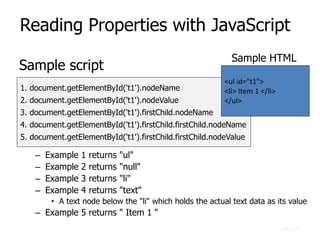 slide 21
Reading Properties with JavaScript
Sample script
– Example 1 returns "ul"
– Example 2 returns "null"
– Example 3 ...