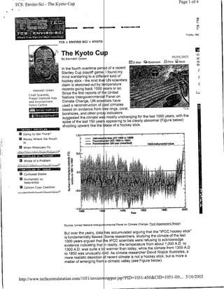 Page I ofi4
TCS: Enviro-Sci - The Kyoto Cup




                                                                                                                                                                        Friday, Ma,

                                  TCS > ENVIRO SCI> KYOTO


                                     Te Kyoto Cup                                                                                                       05/05/2003
                                                                                                                                                                                 D
                                                                                                                                                                                 CL
                                   By Kenneth Green
                                                                                               [E E-Mail                   Bookmark             SPrint 1Save                     re
                                                                                                                                                                                 th.
                                   In the fourth overtime pen od of a recent
                                   Stanley Cup playoff game I found my
                                   mind wandering to a differ nt kind of
                                    hockey stick - the kind tha: UN scientists
                                    claim is sketched out by tE mperature
             Kenneth Green          records going back 1000 ears or so.
                                                                                                                                                                                LSA
          Chief Scientist,          Since the first reports oft4 e United
          Fraser Institute Risk     Nations Intergovernment I Panel on-
          and Environment           Climate Change, UN scie tists have
          Policy Centre             used a reconstruction of past climates
                                                                                                                TOSb
                          -        ~~~based on evidence from ti ee rings, coral,
                ,ansim=~            boreholes, and other prox indicators
                                    suggested the climate was mostly unchanging for the last 1000 years, with the
                                    spike of the last 150 years appearing to be clearly abnormal (Figure below)
                                     shooting upward like the blade of a hockey stick.
                                                                                                       _   _   _   _   _    _   _   _   _   _   _   _   _   _   _   _
                                                                           _   _   _   _   _   _   _
  *   Dying to Get There'?_                                            _



  U3 money Where the MouthlrveAdtgO                                            1gO240tS$S)
                                                       I-                          O4)
                                                                A 1W(40 yogi srnoot"
  U When molecules Fly


  U1Whale of aProblem                  E           +

                                             Oa


  U confused states
  U Humanists vs.
     Naturalists
  13 carbon copy coalition




                                    Source: United Nations lntergov rnmental Panel on climate Change, Third Assessment Report

                                     But over the years, data has accumulated arguing that the '-IPCC hockey stick"
                                     is fundamentally flawed. Some researchers, studying the climate of the last
                                     1000 years argued that he IpCC scientists were refusing to acknowledge
                                     evidence indicating that n reality, the temperature from about 1,000 A.D. to
                                     1300 A.D. was quite a b t warmer than today, while the climate from 1300 A.D
                                     to 1850 was unusually c Id. As climate researcher David Wojick illustrates, a
                                     more realistic depiction f recent climate is not a hockey stick, but is more a
                                     matter of emerging from a climatic valley (see Figure below).


                                                                                          5/16/2003
  http://www.tebhcentralstation.com10l 1/enviro, rapper~jsp?PIDI1051 -450&CID=1051-051...
                                      5
 