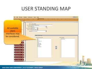 2010 COSA USER CONFERENCE | 26-27 OCTOBER | GOLD COAST
USER STANDING MAP
All available
client
interfaces may
be considered.
 