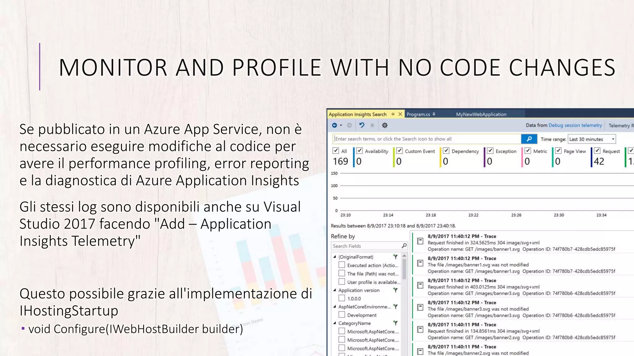 MONITOR AND PROFILE WITH NO CODE CHANGES
Se pubblicato in un Azure App Service, non è
necessario eseguire modifiche al codice per
avere il performance profiling, error reporting
e la diagnostica di Azure Application Insights
Gli stessi log sono disponibili anche su Visual
Studio 2017 facendo "Add – Application
Insights Telemetry"
Questo possibile grazie all'implementazione di
IHostingStartup
 void Configure(IWebHostBuilder builder)
 