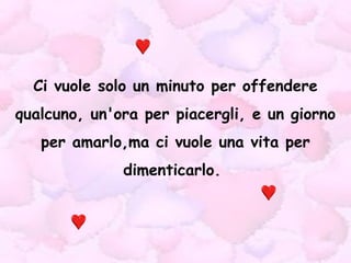 Ci vuole solo un minuto per offendere qualcuno, un'ora per piacergli, e un giorno per amarlo,ma ci vuole una vita per dimenticarlo.  