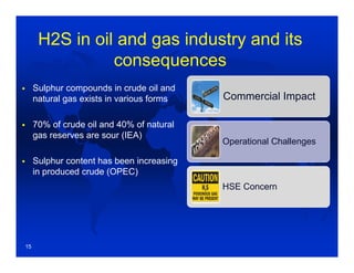 H2S in oil and gas industry and its
consequences
 Sulphur compounds in crude oil and
natural gas exists in various forms
 70% of crude oil and 40% of natural
gas reserves are sour (IEA)
 Sulphur content has been increasing
in produced crude (OPEC)
Commercial Impact
Operational Challenges
HSE Concern
15
 