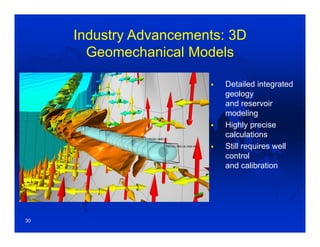 Industry Advancements: 3D
Geomechanical Models
 Detailed integrated
geology
and reservoir
modeling
 Highly precise
calculations
 Still requires well
control
and calibration
30
 