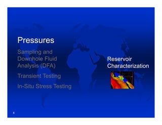 Pressures
Sampling and
Downhole Fluid
Analysis (DFA)
Transient Testing
In-Situ Stress Testing
Reservoir
Characterization
8
 
