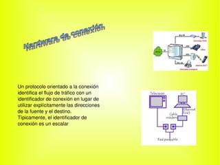    
Un protocolo orientado a la conexión 
identifica el flujo de tráfico con un 
identificador de conexión en lugar de 
utilizar explícitamente las direcciones 
de la fuente y el destino. 
Típicamente, el identificador de 
conexión es un escalar
 