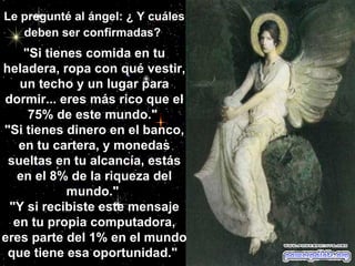Le pregunté al ángel: ¿ Y cuáles deben ser confirmadas?   "Si tienes comida en tu heladera, ropa con qué vestir, un techo y un lugar para dormir... eres más rico que el 75% de este mundo."  "Si tienes dinero en el banco, en tu cartera, y monedas sueltas en tu alcancía, estás en el 8% de la riqueza del mundo."  "Y si recibiste este mensaje en tu propia computadora, eres parte del 1% en el mundo que tiene esa oportunidad."                                                   