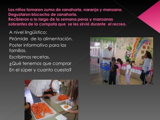 A nivel lingüístico:
Pirámide de la alimentación.
Poster informativo para las
familias.
Escribimos recetas.
¿Qué tenemos que comprar
En el súper y cuanto cuesta?
 