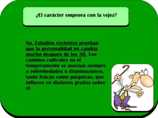 ¿El carácter empeora con la vejez?

No. Estudios recientes prueban
que la personalidad no cambia
mucho después de los 30. Los
cambios radicales en el
temperamento se asocian siempre
a enfermedades o disminuciones,
tanto físicas como psíquicas, que
influyen en distintos grados sobre
él.

 