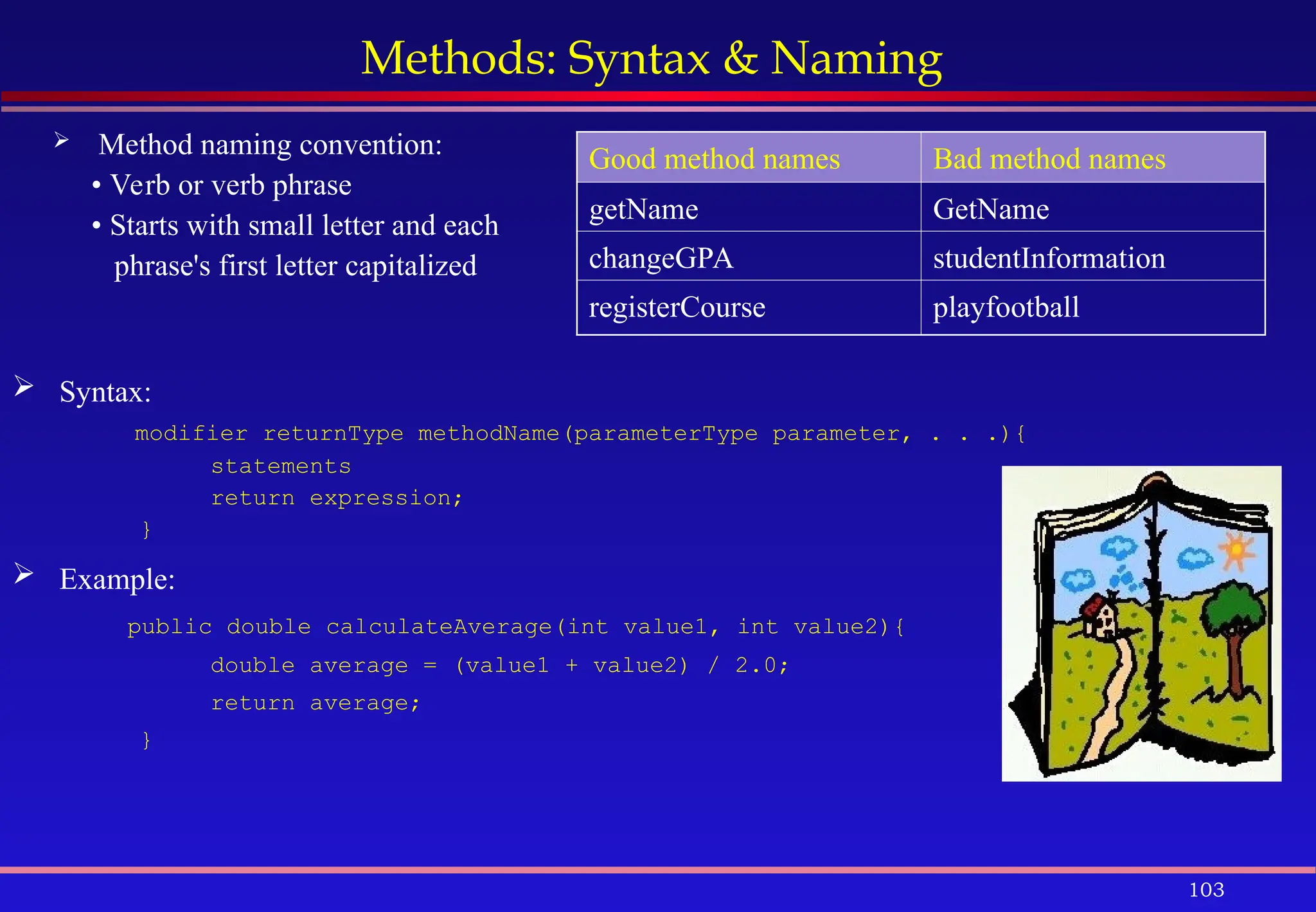 103
Methods: Syntax & Naming
 Method naming convention:
• Verb or verb phrase
• Starts with small letter and each
phrase's first letter capitalized
Good method names Bad method names
getName GetName
changeGPA studentInformation
registerCourse playfootball
 Syntax:
modifier returnType methodName(parameterType parameter, . . .){
statements
return expression;
}
 Example:
public double calculateAverage(int value1, int value2){
double average = (value1 + value2) / 2.0;
return average;
}
 