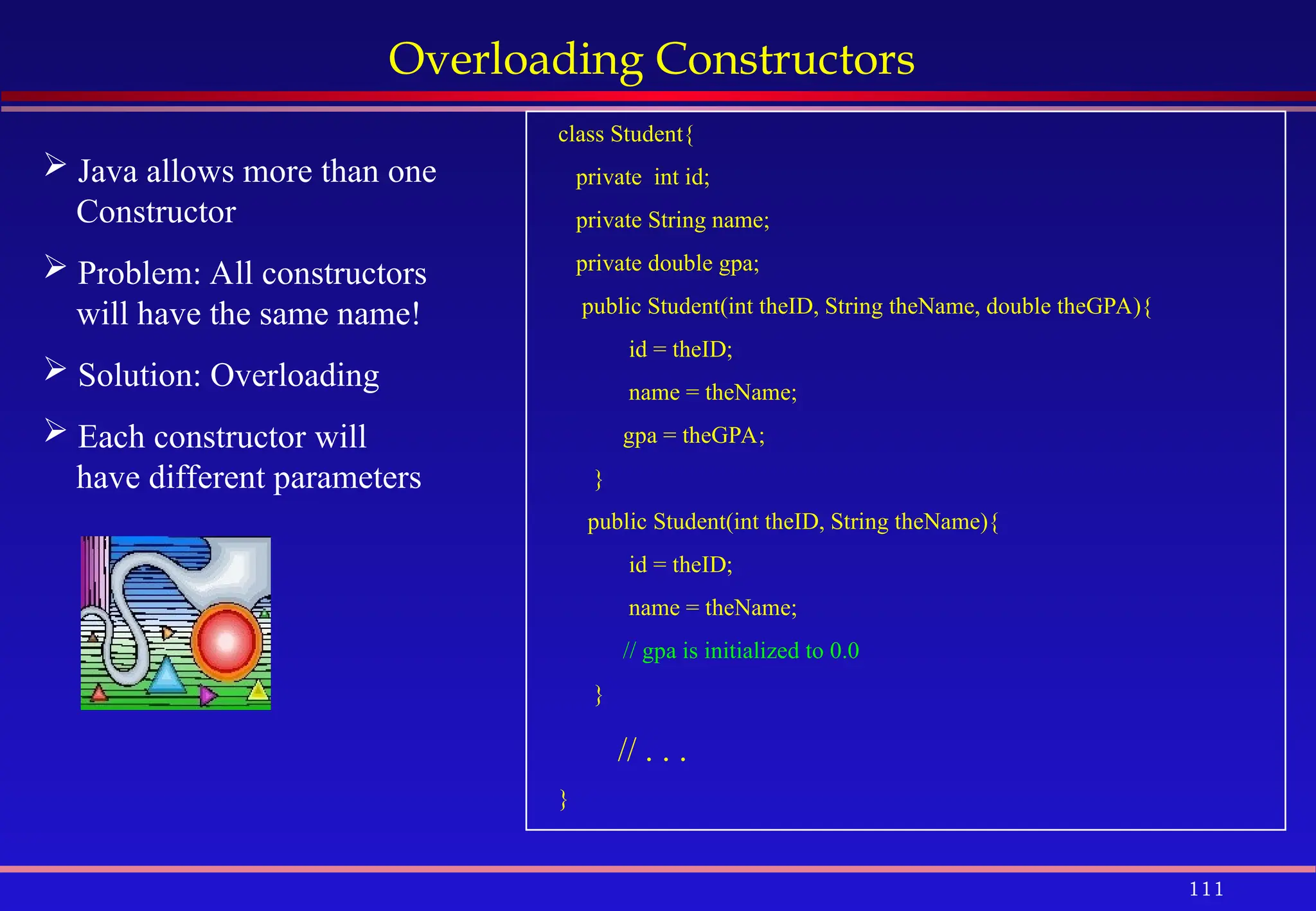 111
Overloading Constructors
 Java allows more than one
Constructor
 Problem: All constructors
will have the same name!
 Solution: Overloading
 Each constructor will
have different parameters
class Student{
private int id;
private String name;
private double gpa;
public Student(int theID, String theName, double theGPA){
id = theID;
name = theName;
gpa = theGPA;
}
public Student(int theID, String theName){
id = theID;
name = theName;
// gpa is initialized to 0.0
}
// . . .
}
 