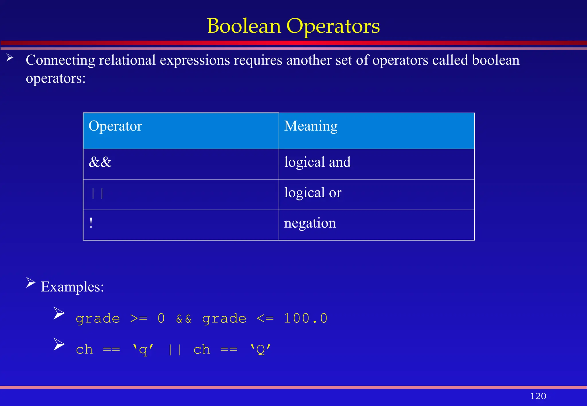 120
Boolean Operators
 Connecting relational expressions requires another set of operators called boolean
operators:
 Examples:
 grade >= 0 && grade <= 100.0
 ch == ‘q’ || ch == ‘Q’
Operator Meaning
&& logical and
|| logical or
! negation
 