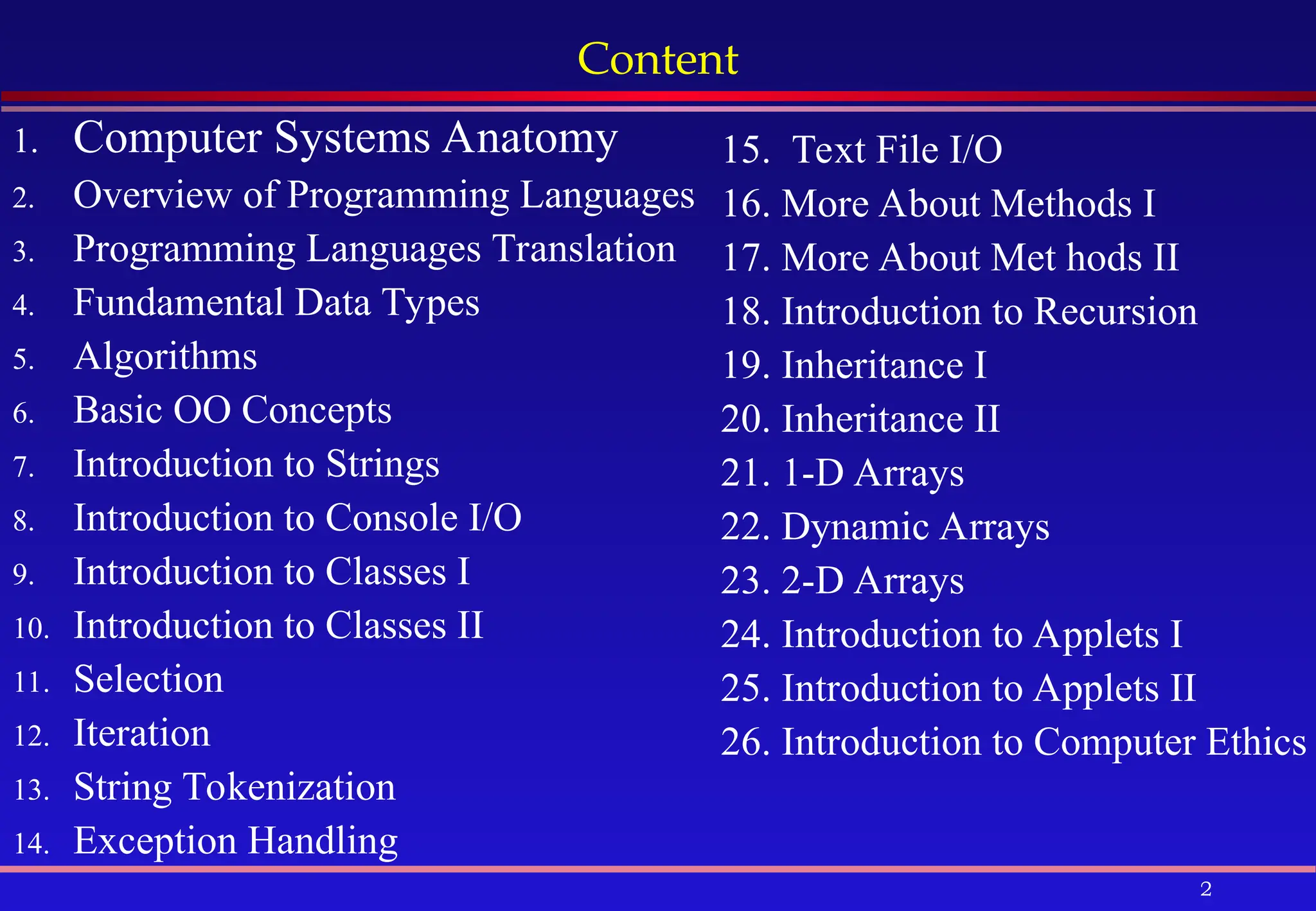 2
Content
1. Computer Systems Anatomy
2. Overview of Programming Languages
3. Programming Languages Translation
4. Fundamental Data Types
5. Algorithms
6. Basic OO Concepts
7. Introduction to Strings
8. Introduction to Console I/O
9. Introduction to Classes I
10. Introduction to Classes II
11. Selection
12. Iteration
13. String Tokenization
14. Exception Handling
15. Text File I/O
16. More About Methods I
17. More About Met hods II
18. Introduction to Recursion
19. Inheritance I
20. Inheritance II
21. 1-D Arrays
22. Dynamic Arrays
23. 2-D Arrays
24. Introduction to Applets I
25. Introduction to Applets II
26. Introduction to Computer Ethics
 