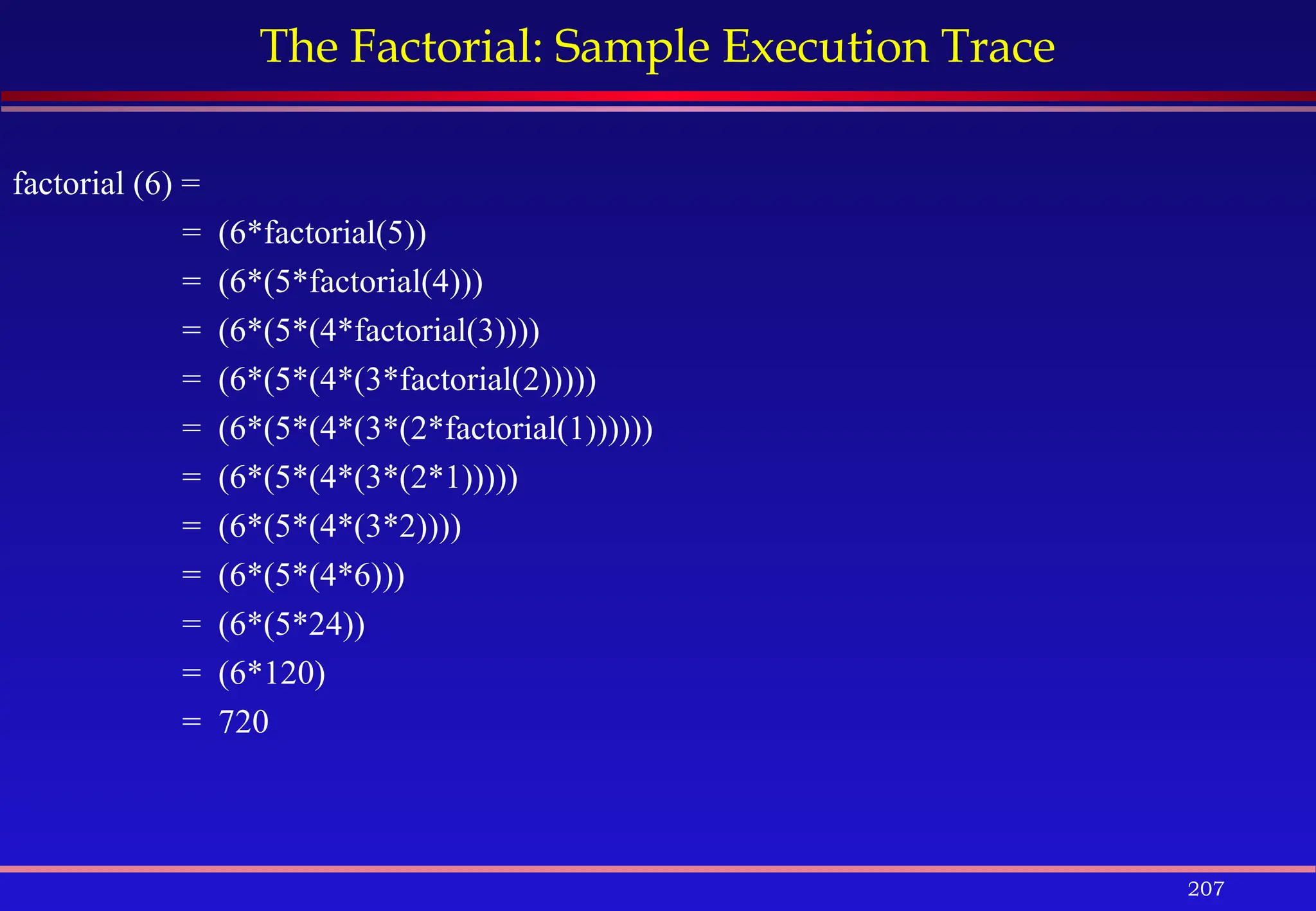 207
The Factorial: Sample Execution Trace
factorial (6) =
= (6*factorial(5))
= (6*(5*factorial(4)))
= (6*(5*(4*factorial(3))))
= (6*(5*(4*(3*factorial(2)))))
= (6*(5*(4*(3*(2*factorial(1))))))
= (6*(5*(4*(3*(2*1)))))
= (6*(5*(4*(3*2))))
= (6*(5*(4*6)))
= (6*(5*24))
= (6*120)
= 720
 