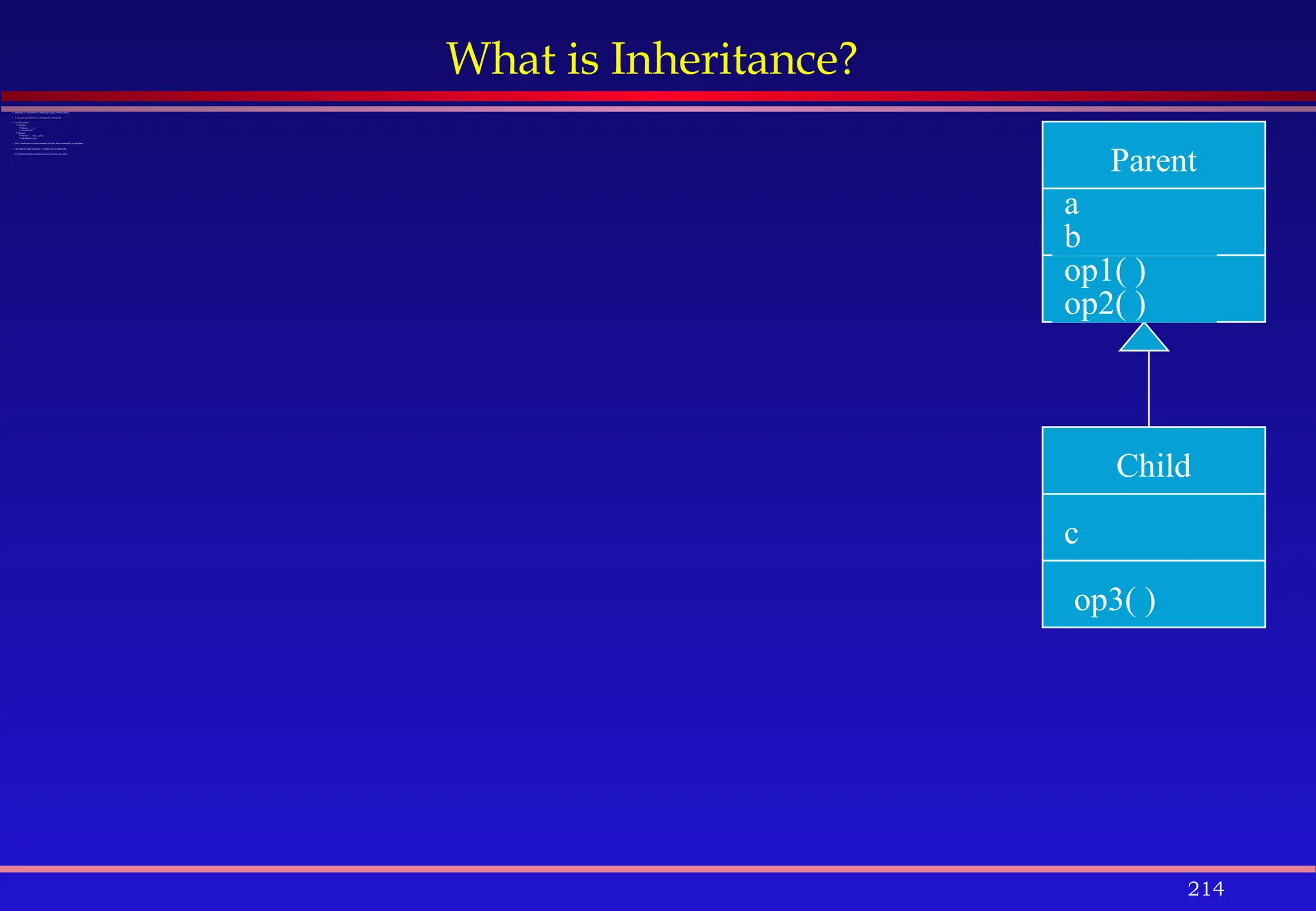 214
What is Inheritance?
 Inheritance is a mechanism for enhancing existing, working classes.
 A new class can inherit from a more general existing class.
 For Class Child:
 Attributes:
Inherited: a , b
not inherited: c
 Methods:
Inherited: op1( ) , op2( )
not inherited: op3( )
 Note: Constructors and private members of a class are not inherited by its subclasses.
 Java supports single inheritance: A subclass has one parent only.
 In multiple inheritance a subclass can have more than one parent.
Parent
Child
a
b
op1( )
op2( )
c
op3( )
 