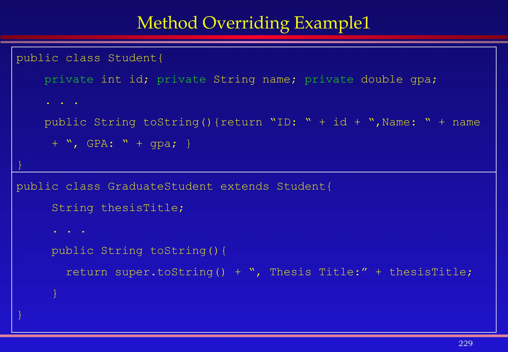229
Method Overriding Example1
public class Student{
private int id; private String name; private double gpa;
. . .
public String toString(){return “ID: “ + id + “,Name: “ + name
+ “, GPA: “ + gpa; }
}
public class GraduateStudent extends Student{
String thesisTitle;
. . .
public String toString(){
return super.toString() + “, Thesis Title:” + thesisTitle;
}
}
 