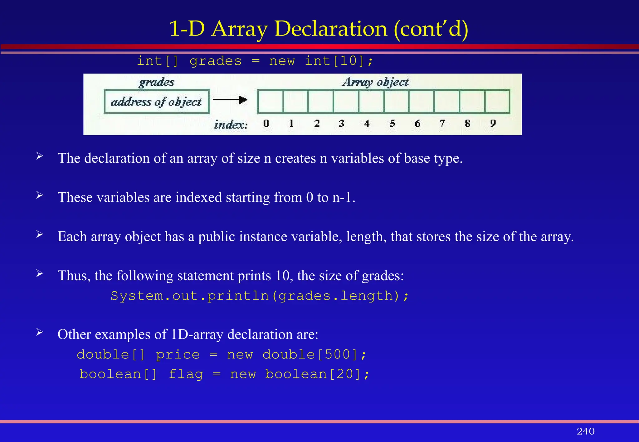 240
1-D Array Declaration (cont’d)
int[] grades = new int[10];
 The declaration of an array of size n creates n variables of base type.
 These variables are indexed starting from 0 to n-1.
 Each array object has a public instance variable, length, that stores the size of the array.
 Thus, the following statement prints 10, the size of grades:
System.out.println(grades.length);
 Other examples of 1D-array declaration are:
double[] price = new double[500];
boolean[] flag = new boolean[20];
 