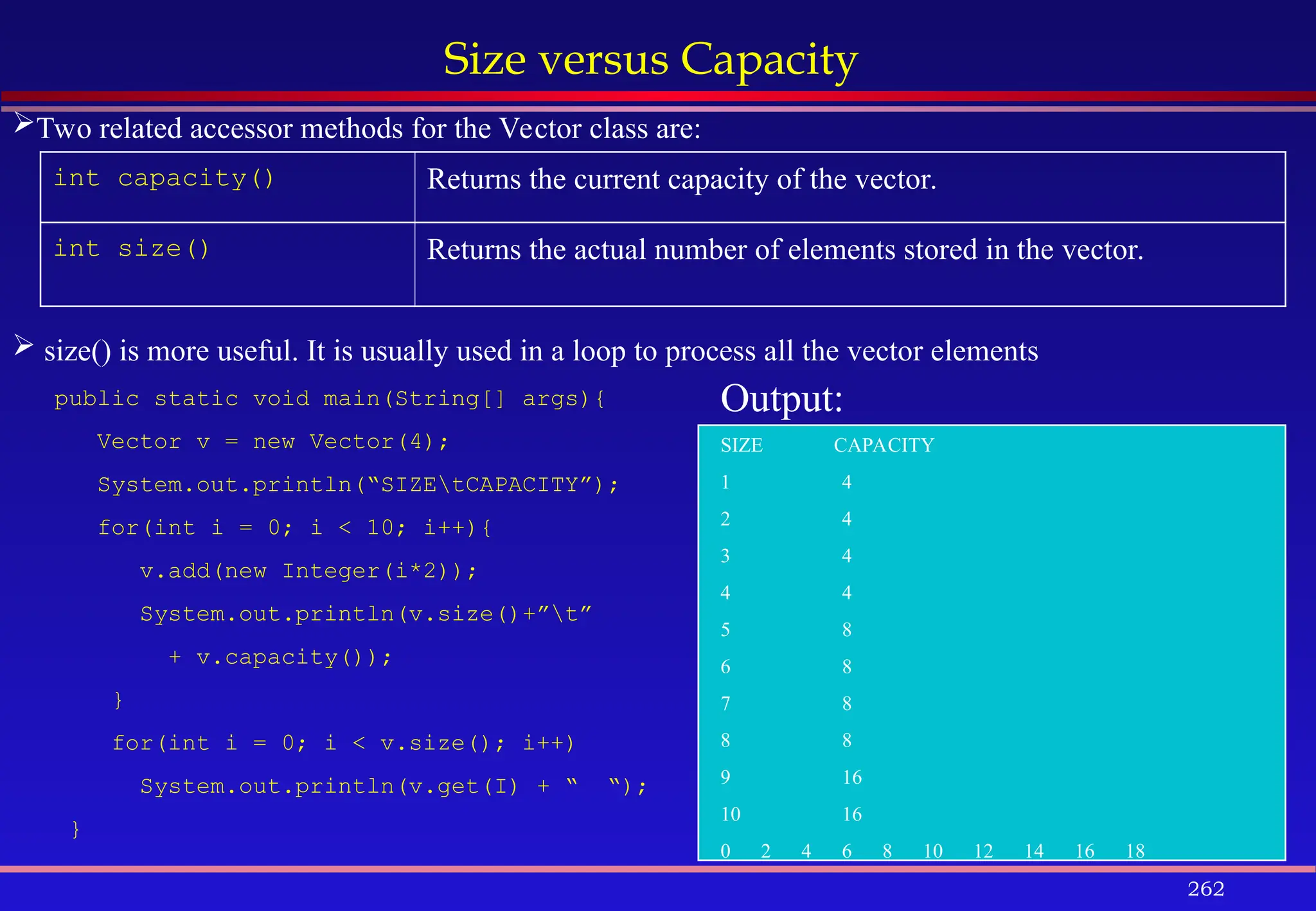 262
Size versus Capacity
int capacity() Returns the current capacity of the vector.
int size() Returns the actual number of elements stored in the vector.
Two related accessor methods for the Vector class are:
 size() is more useful. It is usually used in a loop to process all the vector elements
public static void main(String[] args){
Vector v = new Vector(4);
System.out.println(“SIZEtCAPACITY”);
for(int i = 0; i < 10; i++){
v.add(new Integer(i*2));
System.out.println(v.size()+”t”
+ v.capacity());
}
for(int i = 0; i < v.size(); i++)
System.out.println(v.get(I) + “ “);
}
Output:
SIZE CAPACITY
1 4
2 4
3 4
4 4
5 8
6 8
7 8
8 8
9 16
10 16
0 2 4 6 8 10 12 14 16 18
 